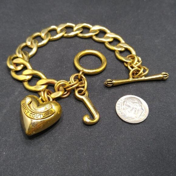 Juicy Couture Gold Tone Puffy Heart Toggle Bracelet 8" J Charm Vintage Jewelry - Picture 3 of 6